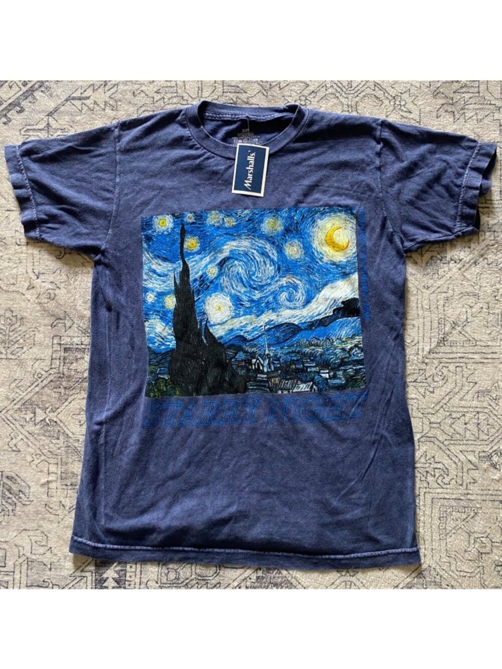 Starry‎ Night Graphic Tee Navy Blue 100% Cotton Short Sleeve Mens Small Van Gogh